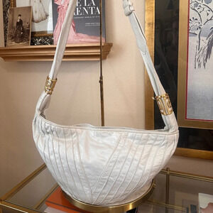 Rare Vintage Sharif White Leather Croissant Bag w/ Gold Sculpted Medallions NWOT